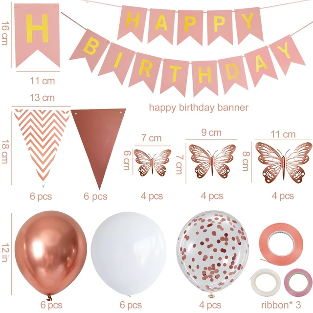 Alt view image 5 of 6 - Rose Gold Birthday Decorations Women, Happy Birthday Banner for Girls Party Decorations with Balloons, Pennant Banner Flags and Rose Gold Butterfly Decorations