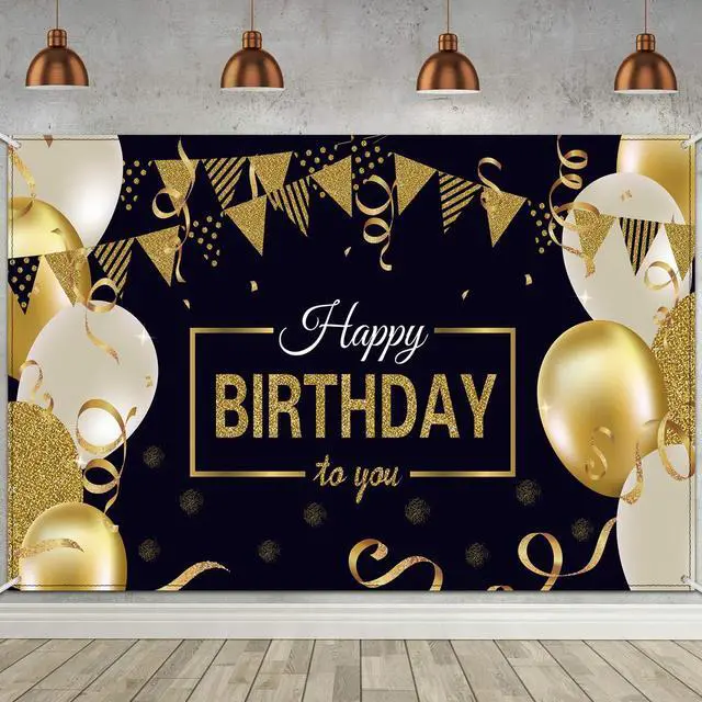 Main image of Happy Birthday Banner Sign Poster Black and Gold Large Photo Backdrop Fabric Glitter Balloon Sign Background for Birthday Party Decoration Supplies(Black and Gold)