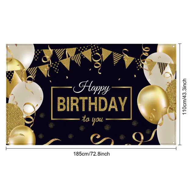 Alt view image 2 of 3 - Happy Birthday Banner Sign Poster Black and Gold Large Photo Backdrop Fabric Glitter Balloon Sign Background for Birthday Party Decoration Supplies(Black and Gold)