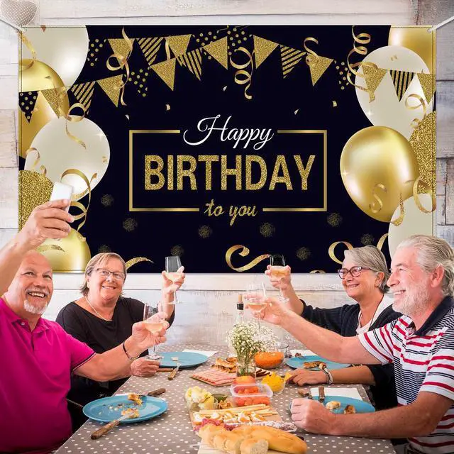 Alt view image 3 of 3 - Happy Birthday Banner Sign Poster Black and Gold Large Photo Backdrop Fabric Glitter Balloon Sign Background for Birthday Party Decoration Supplies(Black and Gold)