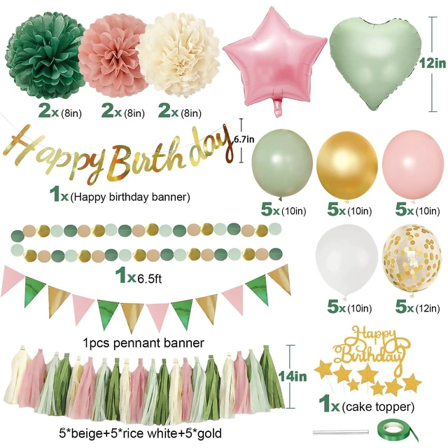 Alt view image 2 of 7 - Pink Sage Green Birthday Party Decorations kits for Girls Women with Happy Birthday Banner, Fringe Curtain,Foil Balloons,Tissue Pompoms,Dots Garland,Tassels Garland,Cake Topper for birthday decor