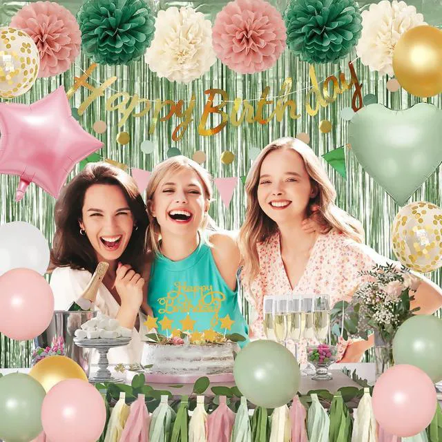Alt view image 4 of 7 - Pink Sage Green Birthday Party Decorations kits for Girls Women with Happy Birthday Banner, Fringe Curtain,Foil Balloons,Tissue Pompoms,Dots Garland,Tassels Garland,Cake Topper for birthday decor