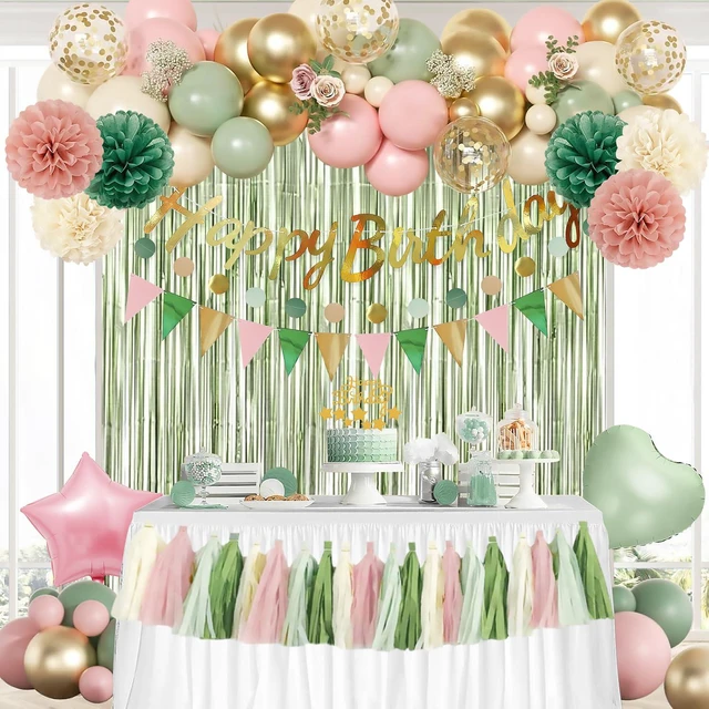 Alt view image 6 of 7 - Pink Sage Green Birthday Party Decorations kits for Girls Women with Happy Birthday Banner, Fringe Curtain,Foil Balloons,Tissue Pompoms,Dots Garland,Tassels Garland,Cake Topper for birthday decor
