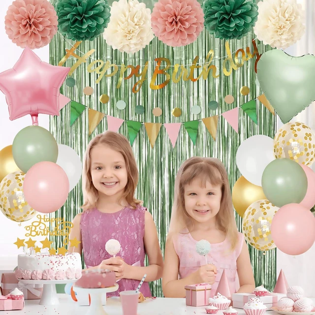 Alt view image 5 of 7 - Pink Sage Green Birthday Party Decorations kits for Girls Women with Happy Birthday Banner, Fringe Curtain,Foil Balloons,Tissue Pompoms,Dots Garland,Tassels Garland,Cake Topper for birthday decor