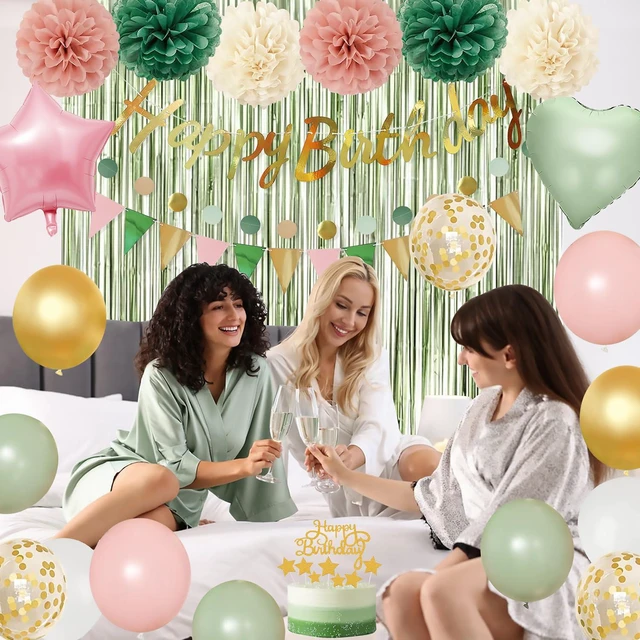 Alt view image 7 of 7 - Pink Sage Green Birthday Party Decorations kits for Girls Women with Happy Birthday Banner, Fringe Curtain,Foil Balloons,Tissue Pompoms,Dots Garland,Tassels Garland,Cake Topper for birthday decor