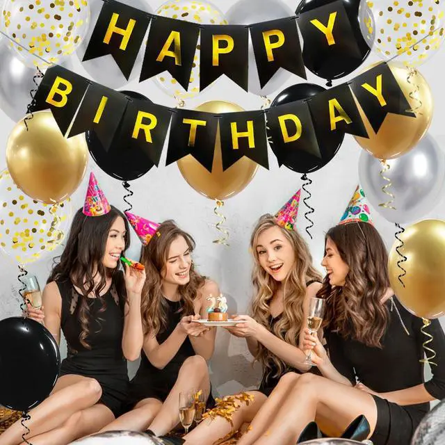 Alt view image 4 of 7 - Happy Birthday Banner, Black Gold Birthday Decoration, 16 Pcs 12in Balloons with 2 Ribbons for Men Women Girls and Boys Party Decoration