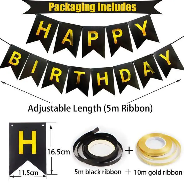 Alt view image 2 of 7 - Happy Birthday Banner, Black Gold Birthday Decoration, 16 Pcs 12in Balloons with 2 Ribbons for Men Women Girls and Boys Party Decoration