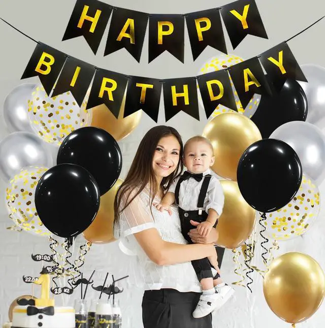 Alt view image 6 of 7 - Happy Birthday Banner, Black Gold Birthday Decoration, 16 Pcs 12in Balloons with 2 Ribbons for Men Women Girls and Boys Party Decoration