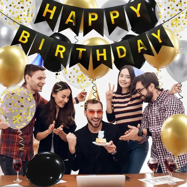 Alt view image 5 of 7 - Happy Birthday Banner, Black Gold Birthday Decoration, 16 Pcs 12in Balloons with 2 Ribbons for Men Women Girls and Boys Party Decoration