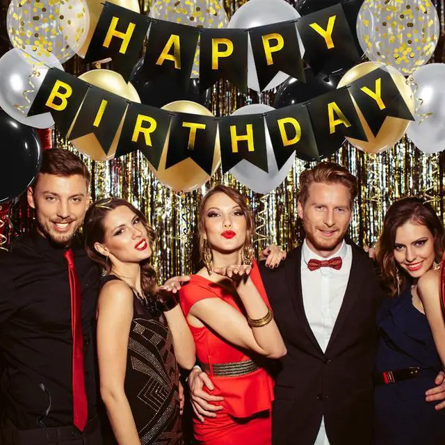 Alt view image 7 of 7 - Happy Birthday Banner, Black Gold Birthday Decoration, 16 Pcs 12in Balloons with 2 Ribbons for Men Women Girls and Boys Party Decoration