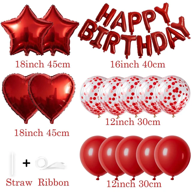 Alt view image 2 of 5 - 27 Pcs Red Birthday Decorations, 3D Foil Red Happy Birthday Balloon Banner, Pentagram Heart Foil Balloons Confetti Balloons Kit For Boys Girls Birthday Party Supplies