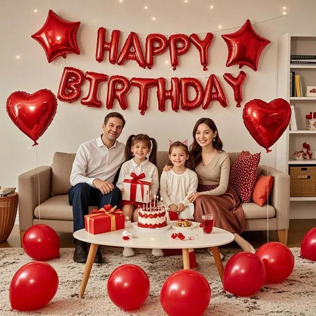 Alt view image 3 of 5 - 27 Pcs Red Birthday Decorations, 3D Foil Red Happy Birthday Balloon Banner, Pentagram Heart Foil Balloons Confetti Balloons Kit For Boys Girls Birthday Party Supplies