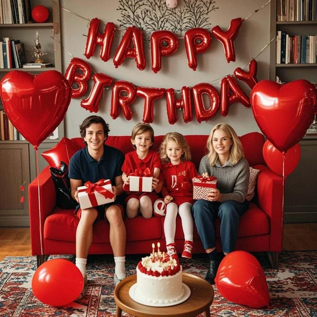 Alt view image 5 of 5 - 27 Pcs Red Birthday Decorations, 3D Foil Red Happy Birthday Balloon Banner, Pentagram Heart Foil Balloons Confetti Balloons Kit For Boys Girls Birthday Party Supplies