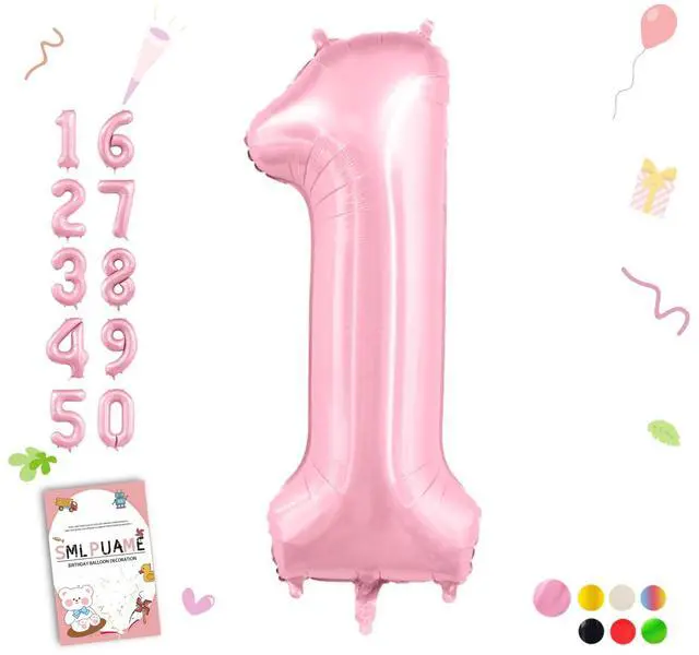 Main image of 40 Inch Pink Number 1 Balloon, 1st Birthday Decoration Boys Girls | Large Self Inflating Number Balloons, Mylar Foil Helium Balloon for Women Men Party Anniversary Supplies Reusable