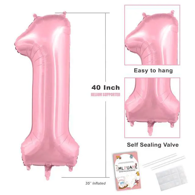 Alt view image 3 of 7 - 40 Inch Pink Number 1 Balloon, 1st Birthday Decoration Boys Girls | Large Self Inflating Number Balloons, Mylar Foil Helium Balloon for Women Men Party Anniversary Supplies Reusable