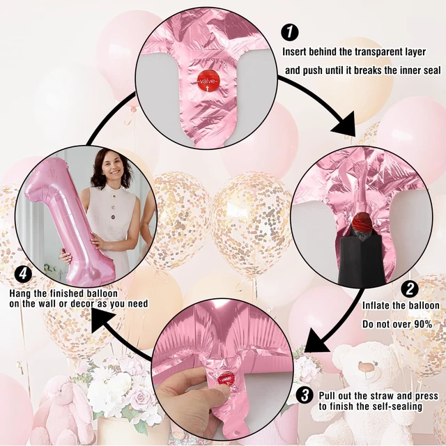 Alt view image 7 of 7 - 40 Inch Pink Number 1 Balloon, 1st Birthday Decoration Boys Girls | Large Self Inflating Number Balloons, Mylar Foil Helium Balloon for Women Men Party Anniversary Supplies Reusable