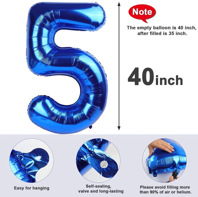 Alt view image 5 of 6 - Number Balloons 5 Balloon Blue Birthday Decorations for Men Party, 40 Inch | Jumbo 40In & Vibrant Color, With Hanging Holes and Stew, For Back-To-School Season, Photo Shoot, Pool Party, Men's Birthday