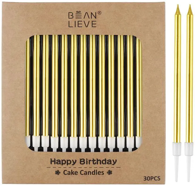 Main image of 30-Count Gold Long Thin Metallic Birthday Candles, Cake Candles, Birthday Parties, Wedding Decorations, Party Candles, Cake Decorations