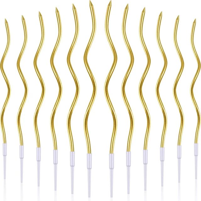 Main image of 12 Pcs Twisted Birthday Candles with Holders, Gold | Spiral Metallic Thin Long Cake Candles with Holders, for Cupcake Topper, Birthday Wedding Party, Anniversary Decor