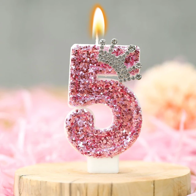 Alt view image 2 of 7 - Birthday Number Candles,Pink Crown Birthday Candles for Cake,Glitter Number 5 Candle Cake Topper with Sequins for Girls,Women, Anniversary Celebrations Supplies (Pink 5)