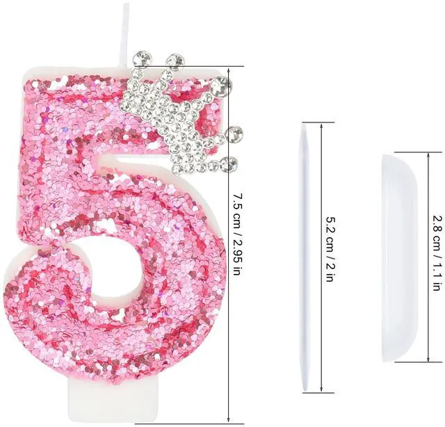 Alt view image 5 of 7 - Birthday Number Candles,Pink Crown Birthday Candles for Cake,Glitter Number 5 Candle Cake Topper with Sequins for Girls,Women, Anniversary Celebrations Supplies (Pink 5)
