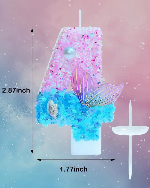 Alt view image 3 of 6 - Mermaid Themed Birthday Candles, Number 4 Girls Glitter Birthday Party Supplies,Anniversary Party Decor,2.87 inch Cake Topper Decorations (Mermaid Themed, Number 4)