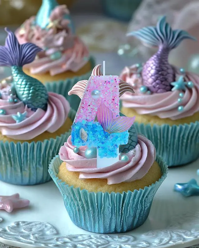 Alt view image 6 of 6 - Mermaid Themed Birthday Candles, Number 4 Girls Glitter Birthday Party Supplies,Anniversary Party Decor,2.87 inch Cake Topper Decorations (Mermaid Themed, Number 4)