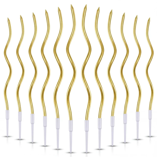 Main image of 12-Count Gold Spiral Birthday Candles, Long Thin Metallic Twisted Cake Candles with Holders, Cake Toppers for Birthday Wedding Decorations, Anniversary and Parties