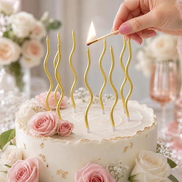 Alt view image 5 of 7 - 12-Count Gold Spiral Birthday Candles, Long Thin Metallic Twisted Cake Candles with Holders, Cake Toppers for Birthday Wedding Decorations, Anniversary and Parties