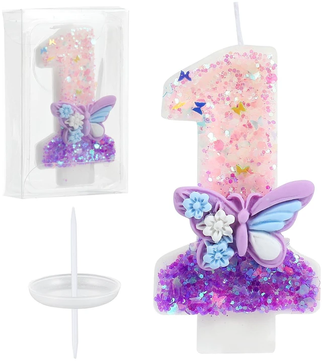 Main image of Birthday Number Candles Pink and Purple Butterfly Birthday Candles for Cake Glitter Number 1 Candle Cake Topper with Sequins for Girls and Women Anniversary Celebrations Supplies