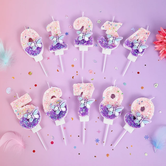 Alt view image 4 of 7 - Birthday Number Candles Pink and Purple Butterfly Birthday Candles for Cake Glitter Number 1 Candle Cake Topper with Sequins for Girls and Women Anniversary Celebrations Supplies