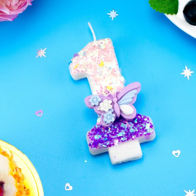 Alt view image 3 of 7 - Birthday Number Candles Pink and Purple Butterfly Birthday Candles for Cake Glitter Number 1 Candle Cake Topper with Sequins for Girls and Women Anniversary Celebrations Supplies