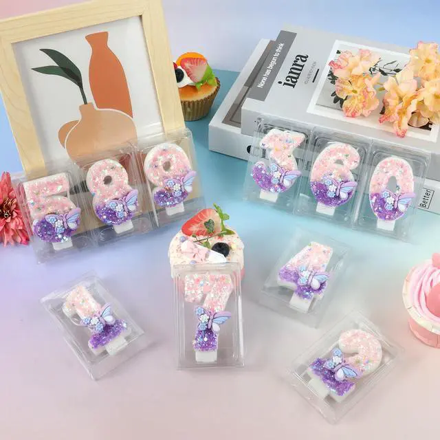 Alt view image 5 of 7 - Birthday Number Candles Pink and Purple Butterfly Birthday Candles for Cake Glitter Number 1 Candle Cake Topper with Sequins for Girls and Women Anniversary Celebrations Supplies