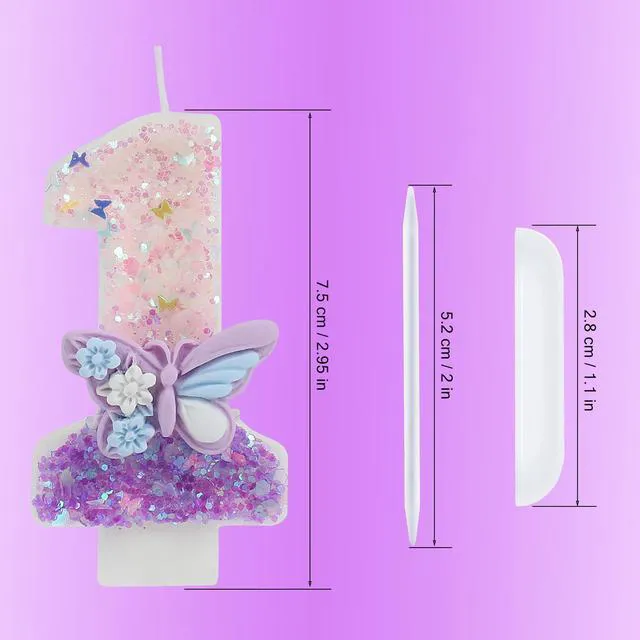 Alt view image 6 of 7 - Birthday Number Candles Pink and Purple Butterfly Birthday Candles for Cake Glitter Number 1 Candle Cake Topper with Sequins for Girls and Women Anniversary Celebrations Supplies