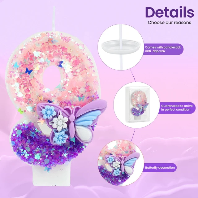 Alt view image 7 of 7 - Birthday Number Candles Pink and Purple Butterfly Birthday Candles for Cake Glitter Number 1 Candle Cake Topper with Sequins for Girls and Women Anniversary Celebrations Supplies