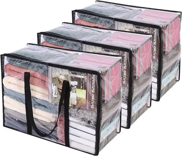 Main image of 3 Pack Clear Storage Bags for Clothes Blanket Comforter & Bedding | 40L Plastic Storage Bag with Zipper, Foldable Closet Organizer, Moving Bags, Under-Bed Storage