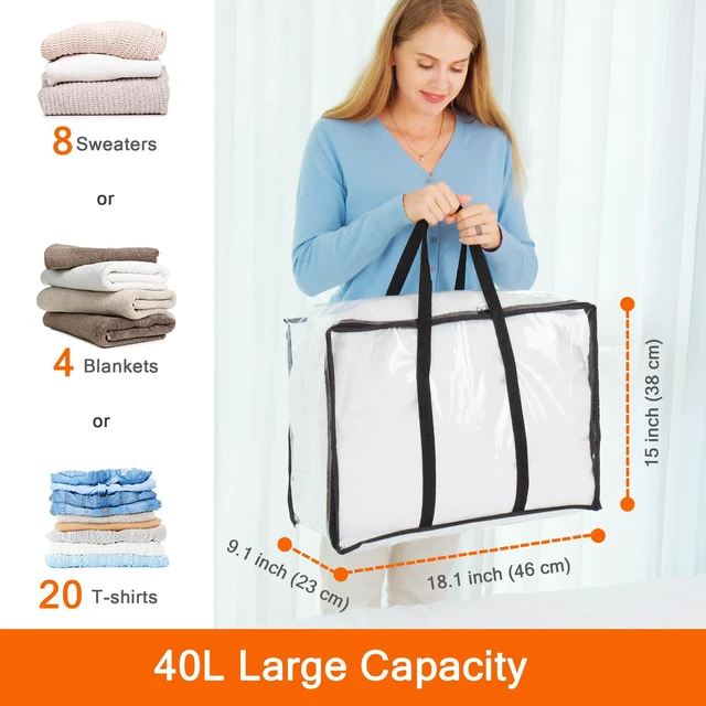 Alt view image 2 of 7 - 3 Pack Clear Storage Bags for Clothes Blanket Comforter & Bedding | 40L Plastic Storage Bag with Zipper, Foldable Closet Organizer, Moving Bags, Under-Bed Storage
