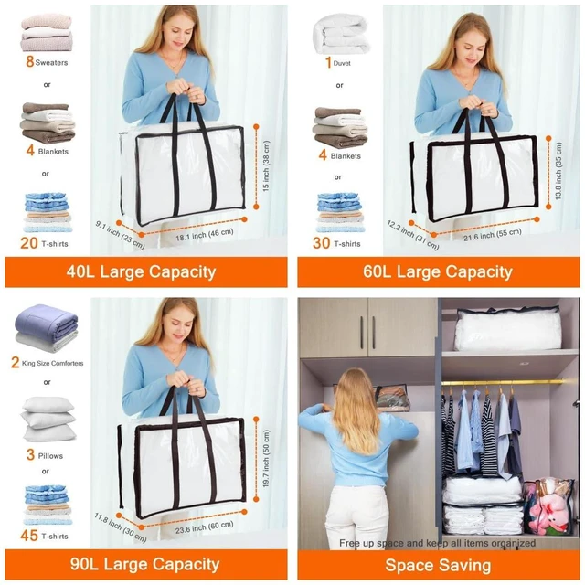Alt view image 2 of 6 - 3 Pack 40L/60L/90L Clear Clothes Storage Bags with Zipper | Plastic Storage Bag, Foldable Closet Organizer, For Comforter Blanket Bedding Duvet Toys, Moving Bags