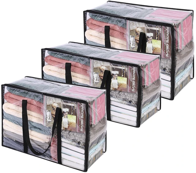 Main image of 3 Pack 40L/60L/90L Clear Clothes Storage Bags with Zipper | Plastic Storage Bag, Foldable Closet Organizer, For Comforter Blanket Bedding Duvet Toys, Moving Bags