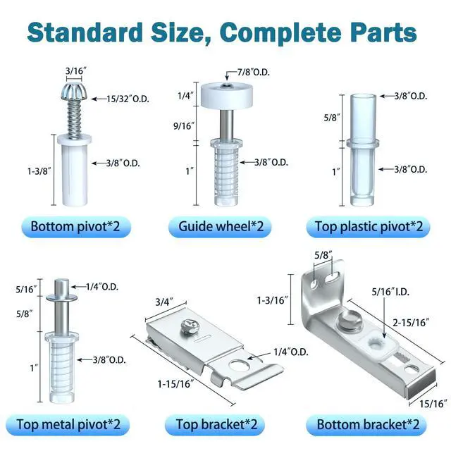 Alt view image 2 of 6 - Bifold Door Hardware Repair Kit Use for Bi Fold Closet Sliding Folding Door | 2 Pack Bi Fold Accordion Door Replacement Parts Include Top & Bottom Bracket, 3/8" Pivot, 7/8" Guides Wheel