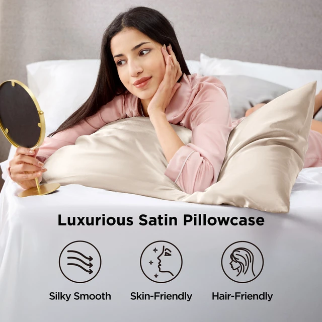 Alt view image 2 of 7 - Satin Pillowcases Queen Set of 2, Similar to Silk Pillow Case Beige | Reduces Hair Frizz & Skin Friction, Decorative Covers, Room Decor, Gifts for Women Men, Envelope Closure, Cooling, 20" x 30"