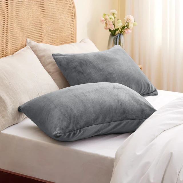 Alt view image 2 of 7 - Flannel Pillowcases Standard Set of 2, Gray, 20x26 Inches | Super Cozy Fuzzy Velvet Pillow Shams with Zipper Closure, Soft Fleece Pillowcases for Bedroom, Sofa, Couch, All-Season Use