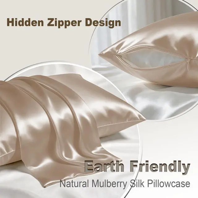 Alt view image 2 of 7 - Silk Pillow Cases Standard Size with Hidden Zipper, Champagne | 19 Momme Mulberry Silk Pillowcase for Skin and Hair, Anti-Acne, Hypoallergenic, Cooling, Beauty Sleep, Gifts for Women