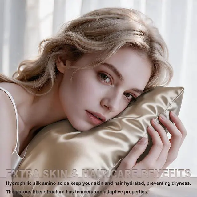 Alt view image 3 of 7 - Silk Pillow Cases Standard Size with Hidden Zipper, Champagne | 19 Momme Mulberry Silk Pillowcase for Skin and Hair, Anti-Acne, Hypoallergenic, Cooling, Beauty Sleep, Gifts for Women