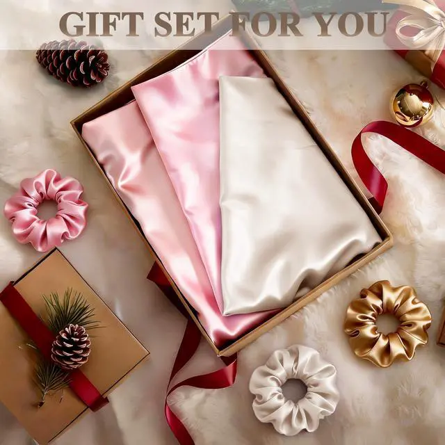 Alt view image 7 of 7 - Queen Satin Pillowcase for Hair 2pc,Similar to Silk Pillow Cases,Easier Care Than Silk Pillowcase,Gifts for Women Men,Beige,20x30 & Envelope Closure and 2 Satin Scrunchies