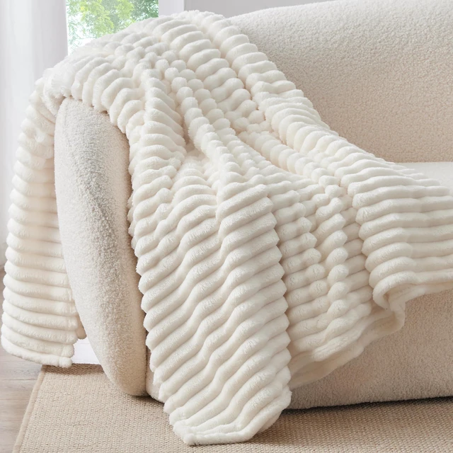 Main image of Ribbed Fleece Throw Blanket for Couch, Cream, 50"x60" | Ultra-Soft Plush Fleece, Cozy, Warm Yet Lightweight, Ribbed Texture, Home Decor, Machine Washable, Giftable, All-Season Use
