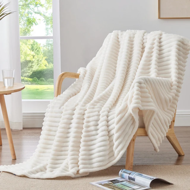 Alt view image 2 of 7 - Ribbed Fleece Throw Blanket for Couch, Cream, 50"x60" | Ultra-Soft Plush Fleece, Cozy, Warm Yet Lightweight, Ribbed Texture, Home Decor, Machine Washable, Giftable, All-Season Use