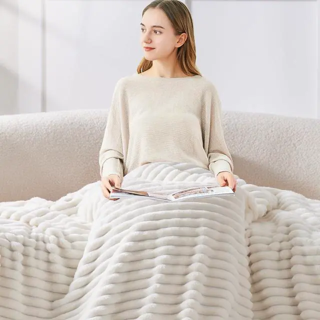 Alt view image 6 of 7 - Ribbed Fleece Throw Blanket for Couch, Cream, 50"x60" | Ultra-Soft Plush Fleece, Cozy, Warm Yet Lightweight, Ribbed Texture, Home Decor, Machine Washable, Giftable, All-Season Use