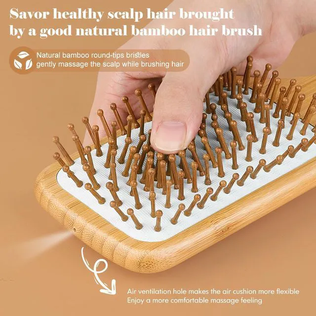Alt view image 2 of 7 - Bamboo Hair Brush with Tail Comb, Detangling Paddle Brush | Wooden Paddle Brush with Ergonomic Handle for Thick Curly Thin Long Hair,Detangler Brush for Hair Growth and Massage Scalp