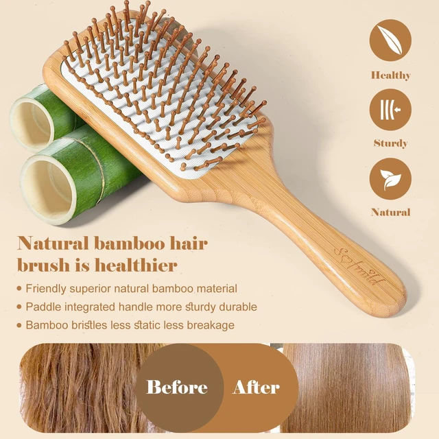 Alt view image 3 of 7 - Bamboo Hair Brush with Tail Comb, Detangling Paddle Brush | Wooden Paddle Brush with Ergonomic Handle for Thick Curly Thin Long Hair,Detangler Brush for Hair Growth and Massage Scalp